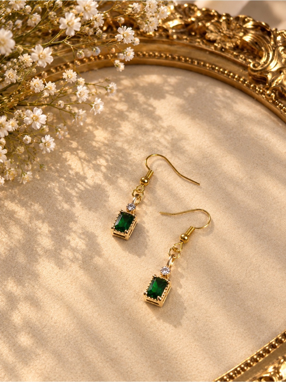 Gold-Plated Drop Earrings with Emerald Green Stone and Clear Accent